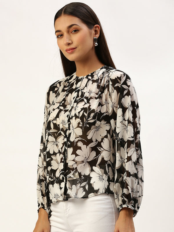 Black Floral Button-Front Peasant Top