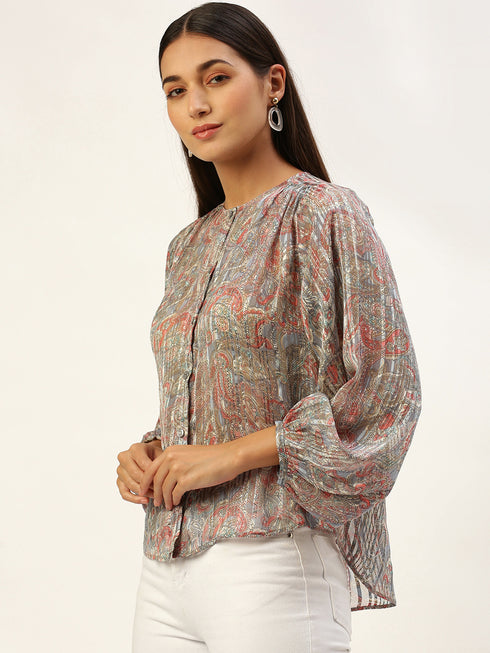 Grey Floral Button-Front Peasant Top