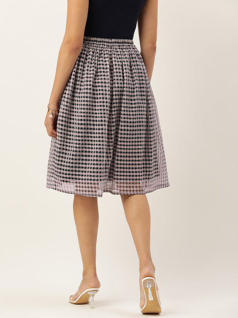 NAVY CHEQUERED TISSUE PLEATED MIDI SKIRT