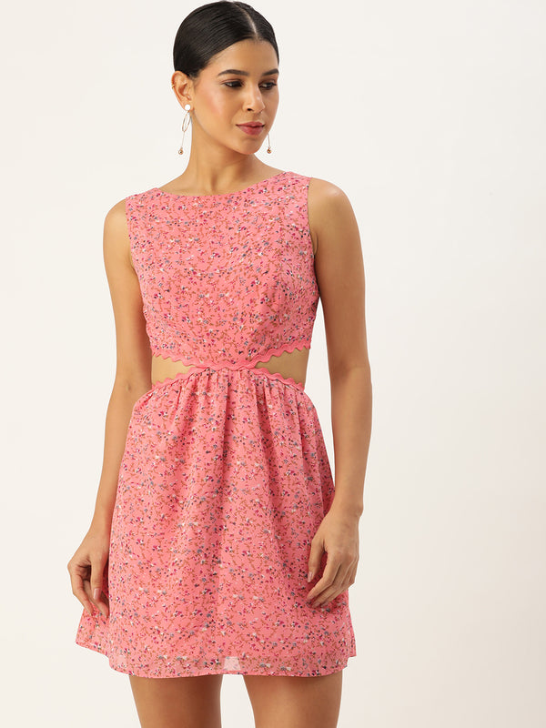 PEACH FLORAL CUT OUT WAIST MINI DRESS