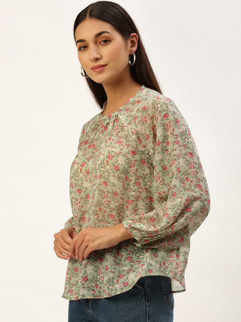 Green Floral Raglan Sleeve Top