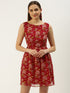 RED FLORAL PRINT BOAT NECK GATHERED MINI DRESS