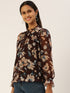 BROWN FLORAL PRINT STANDING COLLAR TOP