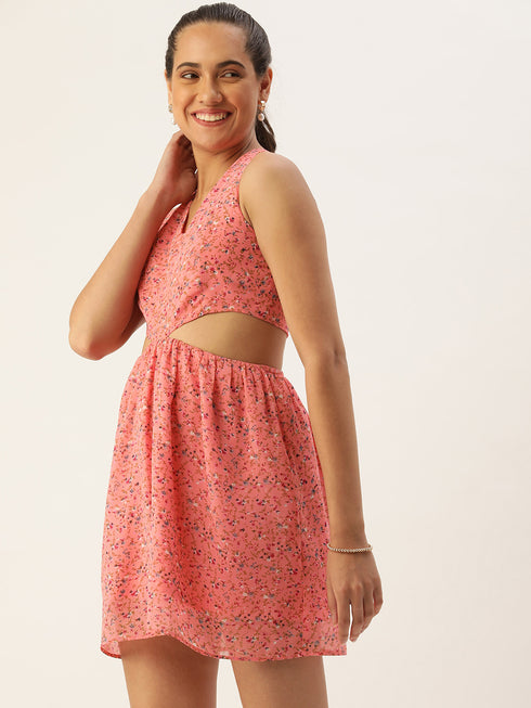 PINK FLORAL GEORGETTE CUT OUT WAIST MINI DRESS