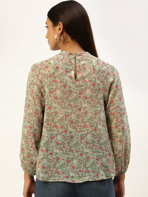 Green Floral Raglan Sleeve Top