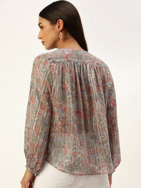 Grey Floral Button-Front Peasant Top