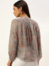 Grey Floral Button-Front Peasant Top