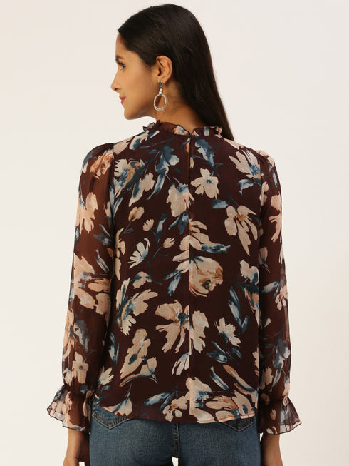 BROWN FLORAL PRINT STANDING COLLAR TOP