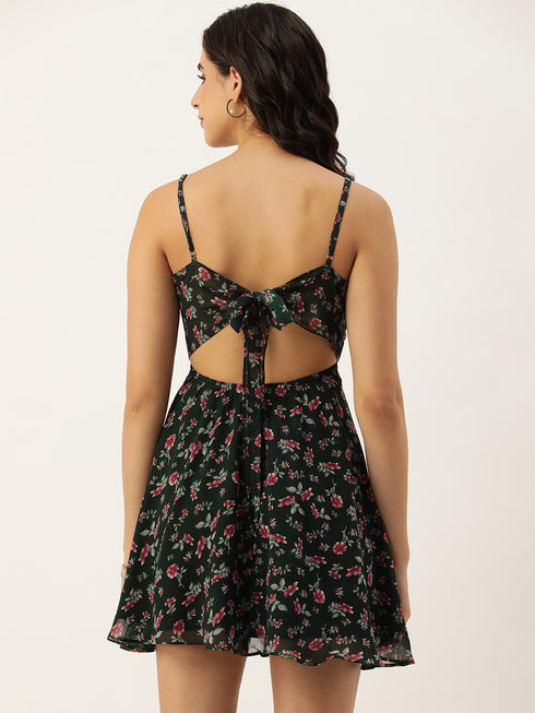 GREEN FLORAL GEORGETTE TIE BACK MINI DRESS