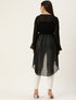 BLACK SOLID SHEER  BUTTON FRONT RUFFLED HIGH LOW SHRUG