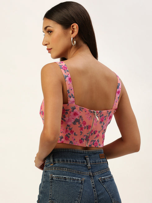 Pink Floral Print Sleveless Crop Top