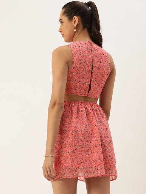 PINK FLORAL GEORGETTE CUT OUT WAIST MINI DRESS