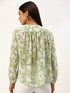 Mint Green Floral Button-Front Peasant Top