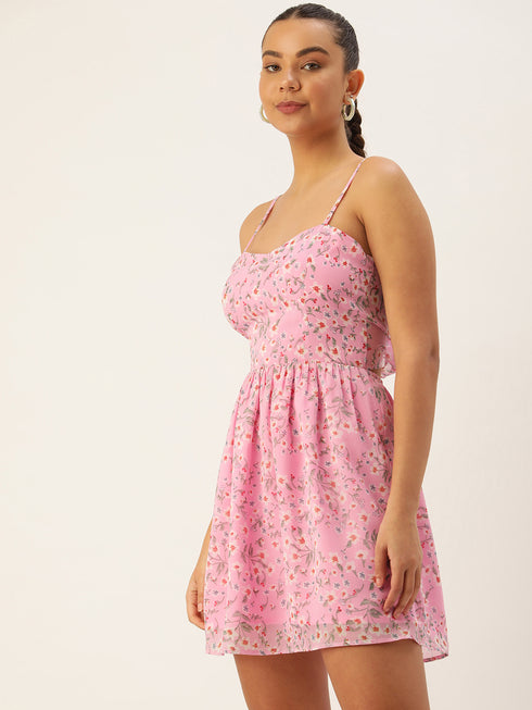 PINK FLORAL GEORGETTE TIE BACK MINI DRESS