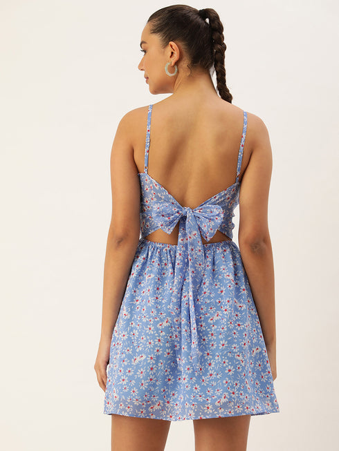 BLUE FLORAL GEORGETTE TIE BACK MINI DRESS