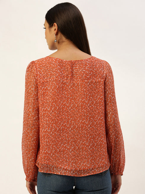 Orange Lurex Print Boat Neck Top