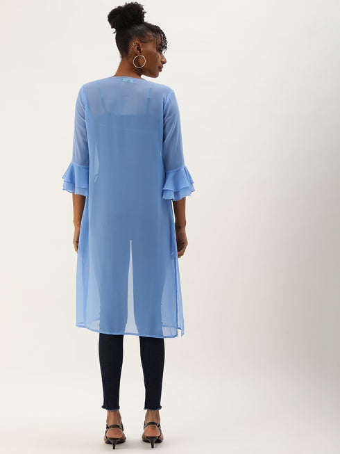 SKY BLUE SHEER OPEN FRONT LONGLINE SHRUG