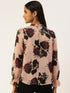 BEIGE FLORAL PRINT STANDING COLLAR TOP