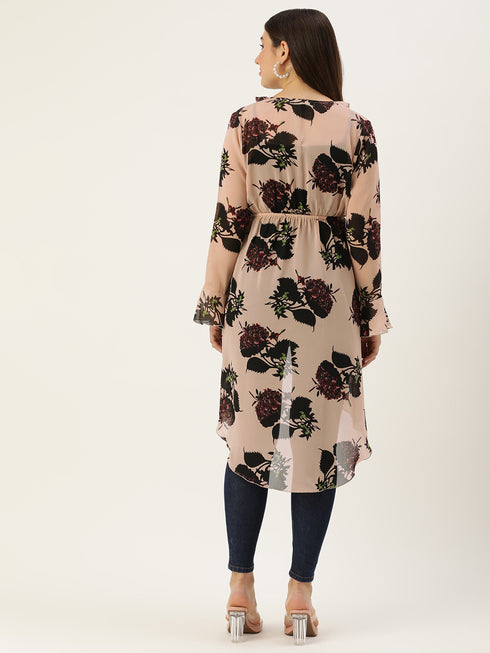 BEIGE FLORAL PRINT SHEER  BUTTON FRONT RUFFLED HIGH LOW SHRUG