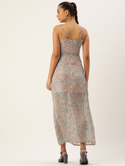 GREY PAISLEY PRINT SPAGHETTI PANELLED MAXI DRESS