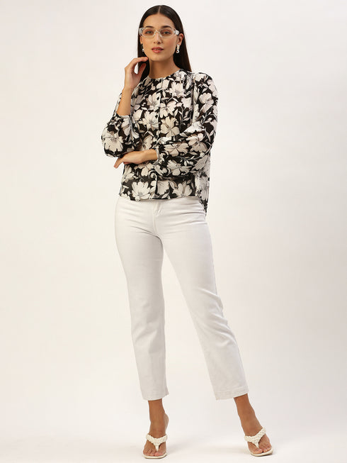Black Floral Button-Front Peasant Top