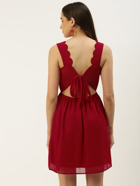 RED SCALLOP TIE BACK MINI DRESS