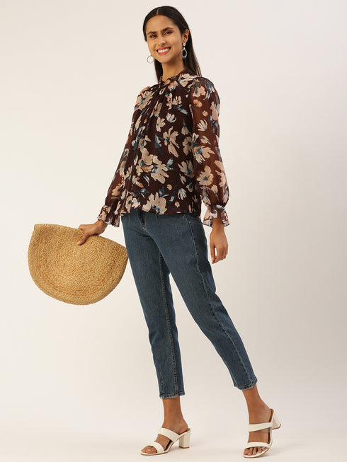 BROWN FLORAL PRINT STANDING COLLAR TOP