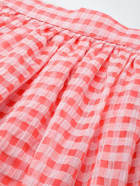 PINK CHEQUERED TISSUE PLEATED MIDI SKIRT