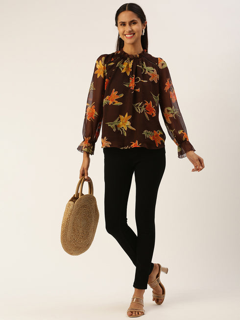 BROWN PRINTED STANDING COLLAR TOP