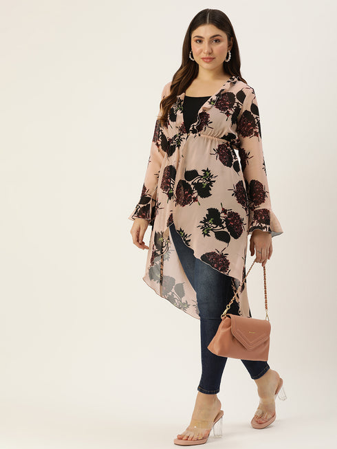 BEIGE FLORAL PRINT SHEER  BUTTON FRONT RUFFLED HIGH LOW SHRUG