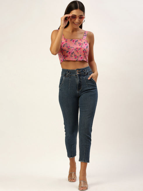 Pink Floral Print Sleveless Crop Top