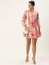 PEACH FLORAL PRINT WRAP MINI DRESS