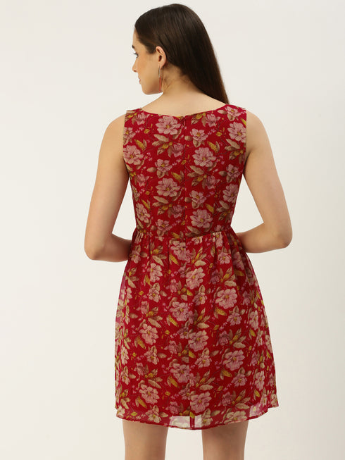 RED FLORAL PRINT BOAT NECK GATHERED MINI DRESS