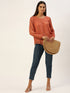 Orange Lurex Print Boat Neck Top