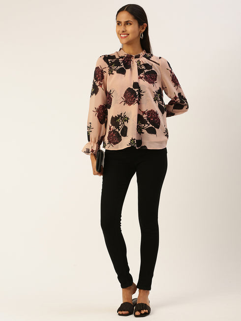 BEIGE FLORAL PRINT STANDING COLLAR TOP