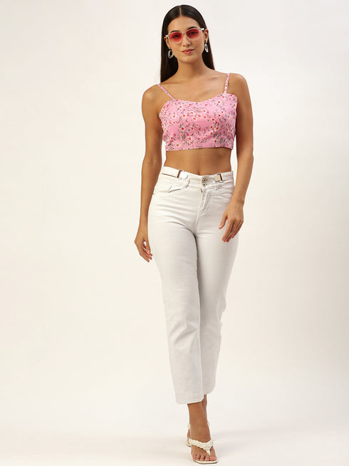 Pink Floral Print Tie Back Crop Top