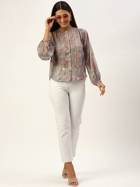Grey Floral Button-Front Peasant Top