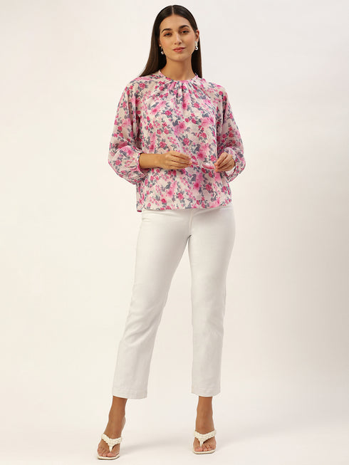 White Floral Raglan Sleeve Top