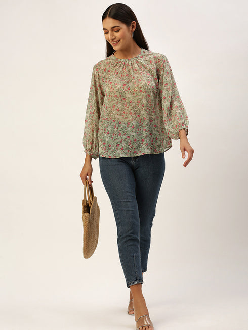 Green Floral Raglan Sleeve Top