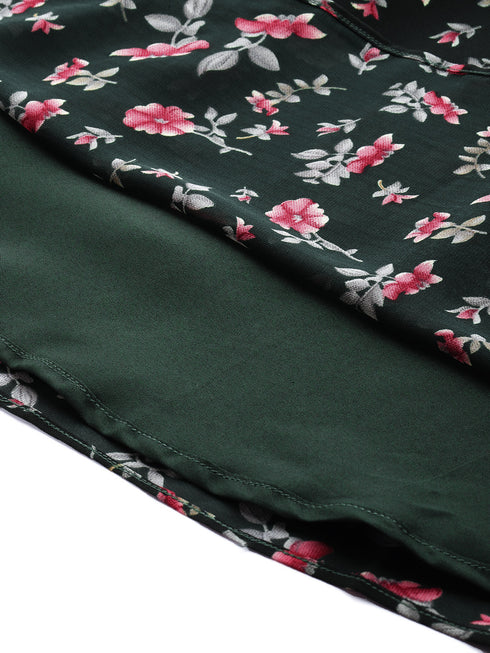 GREEN FLORAL GEORGETTE TIE BACK MINI DRESS