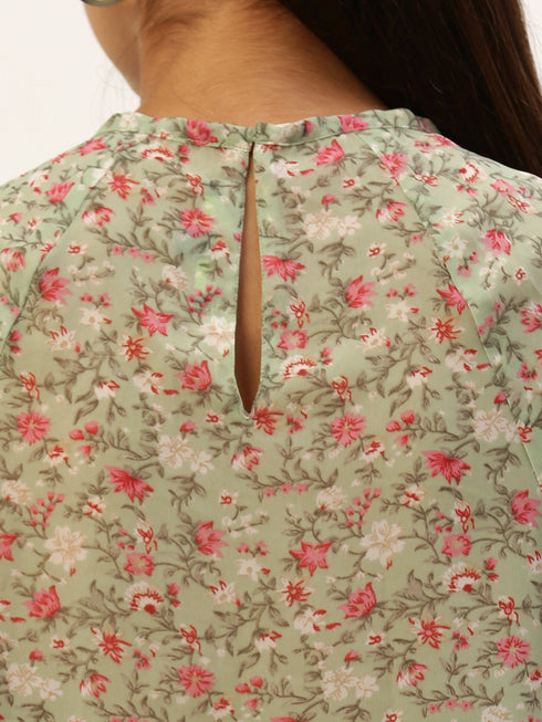 Green Floral Raglan Sleeve Top