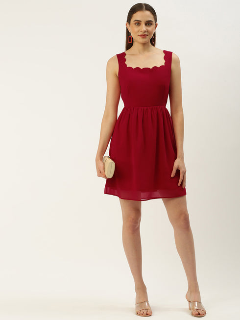 RED SCALLOP TIE BACK MINI DRESS