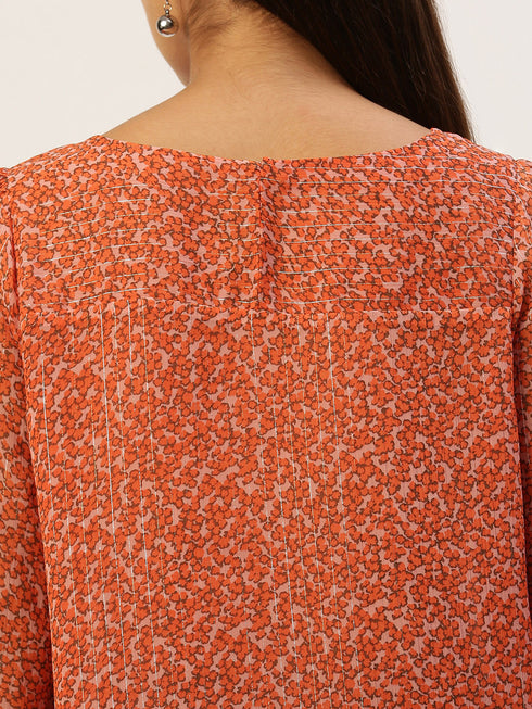 Orange Lurex Print Boat Neck Top