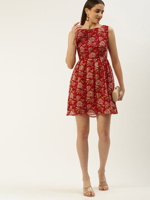 RED FLORAL PRINT BOAT NECK GATHERED MINI DRESS