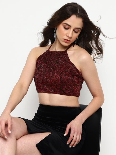 Estelle Wine Moonlight Exposed Metal Zip Crop Top