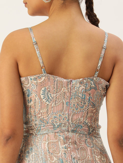GREY PAISLEY PRINT SPAGHETTI PANELLED MAXI DRESS