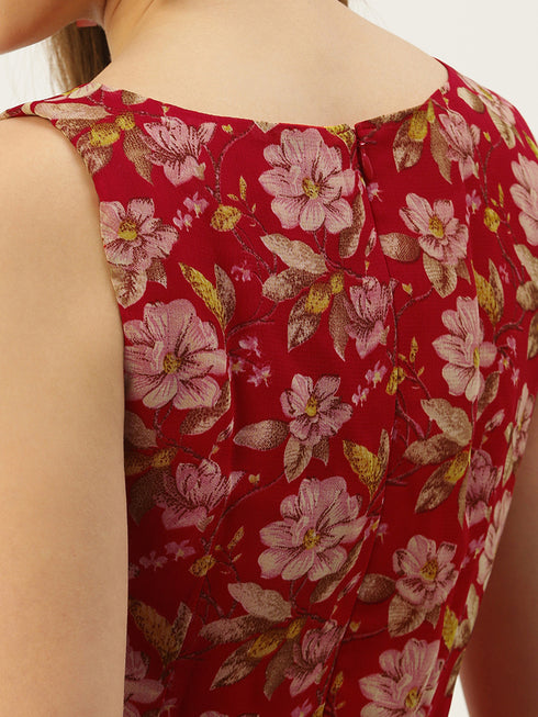 RED FLORAL PRINT BOAT NECK GATHERED MINI DRESS