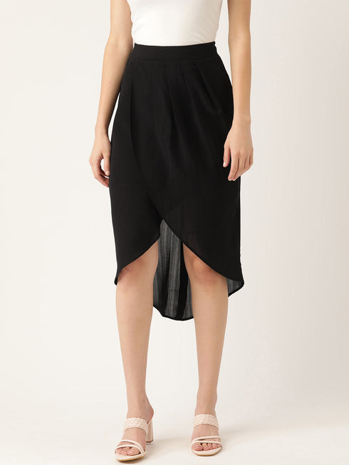 BLACK FAUX WRAP MIDI SKIRT