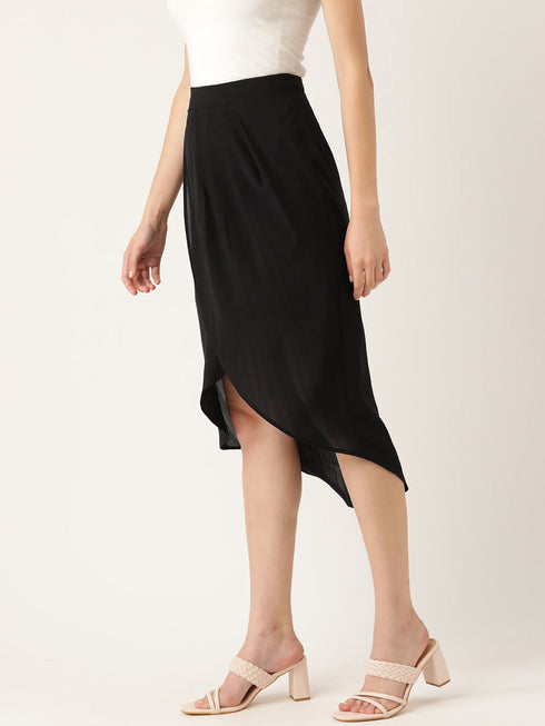 BLACK FAUX WRAP MIDI SKIRT