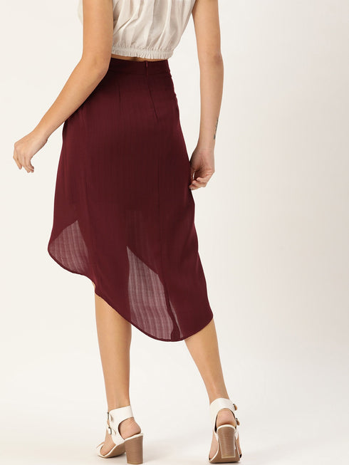 MAROON FAUX WRAP MIDI SKIRT